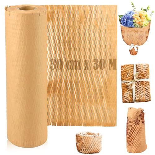 Bikakepapper förpackningsmaterial, 30 cm x 30 m bikakepapper rulle, förpackningsrulle för flyttar, frakt ömtåliga föremål och presentförpackningar, bubbelplast alternativ