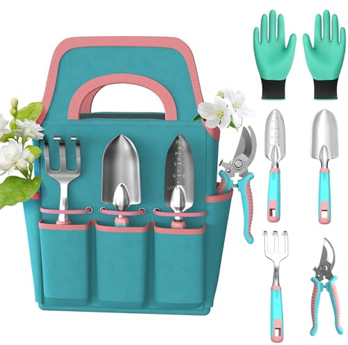 Gartengeräte-Set, 6 Stück Gartenwerkzeuge, Edelstahl Rostfreies Gartenkit, rutschfeste ergonomische Griffe, Handschuhe und langlebige Aufbewahrungstasche, Gartengeschenke für Männer und Frauen