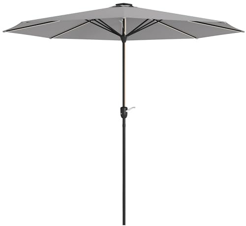 Outsunny 2.65m Garden Parasol with Lights, Solar Charged Warm Yellow LED Patio Umbrella with Crank Handle, for Balcony, Outdoor and Lawn (Light Grey)