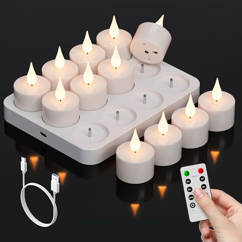 beek Lot de 12 bougies chauffe-plat rechargeables sans flamme avec station de charge, bougies chauffe-plat vacillantes avec télécommande et minuteur, bougies à piles 3D pour la maison, le mariage, la