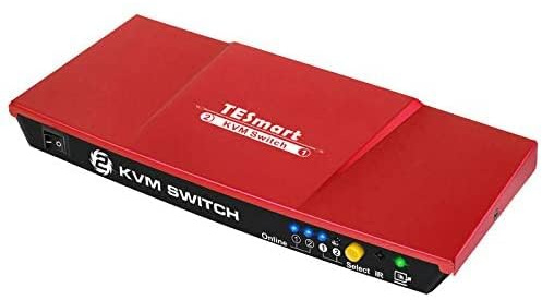 TESmart 2 Port HDMI KVM Switch, for 2 PC 1 Monitor, 4K Ultra HD 3840x2160@30Hz, 2x1 KVM Switcher Supports EDID, Buttons/IR remote Switch, L/R Audio, Control up to 2 Computers/Servers/DVR, Coral Red