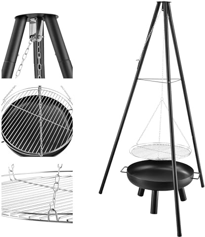 Gregman Roast 35, 3-in-1 Grill Feuerstelle & Kochstelle, Dreibein Grill | mit höhenverstellbarem Rost, Dicke Stahl Feuerschale hitzebeständig, Klappbar & mobil, Für Garten Terrasse Camping