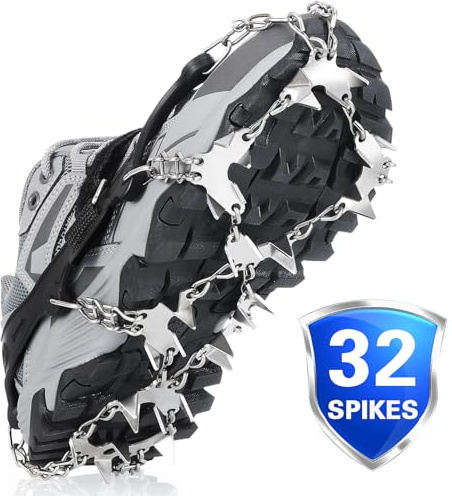 SOUUXIU Steigeisen für Bergschuhe, Grödel mit 32 Edelstahl-Spikes, Ice Klampen Steigeisen Anti Rutsch auf EIS und Schnee für Schneeschuhe Wanderschuhe Wandern Klettern Bergsteigen
