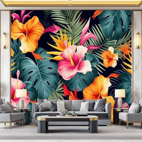 Carta da parati murale decorativa Colorato, Design moderno Acquerello Foglie di Palma Fiori Tropicali, stampa HD, traspirante e resistente, ideale per salotto, camera da letto o ufficio 200 x 140 cm