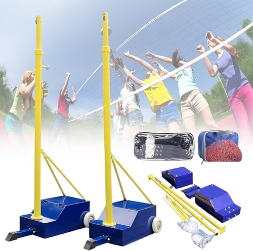 Volleybollstänger, med Volleybollnät/Badmintonnät, Robusta Volleybollstänger för Inomhus och Utomhusbruk, Justerbara i 4 Höjder på 1,55m-2,1m med Hjul och Nät, för Vuxna och Barnstadion