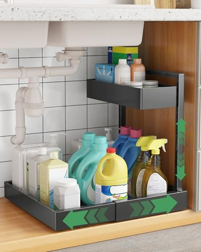 UMDONX Spülbecken Küche Organizer 2-stöckiger Unter Waschbecken Regal | Ausziehbarer Spülschrank Organizer,Schwarz