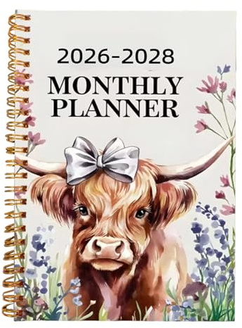 Planificateur mensuel 2026-2028 - Agenda à motif de bétail | Bloc-notes quotidien à reliiure spiraale de 50 pages, pour enfaants, écriture, bureau, école, maison, amis, vacances, noël, anniversaire