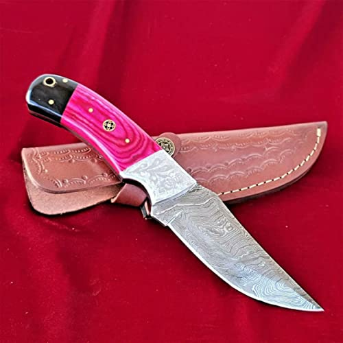 CRAFTOMATIK Damast Stahl Messer | Original Robuste Damaststahlklinge | Griff aus Walnussholz und mit Blumen graviertem Stahl | Handmade Outdoor Sammlermesser | DHK86