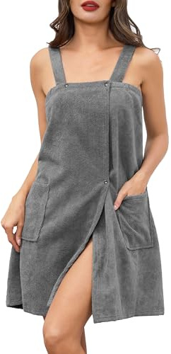 Lovasy Sauna Bademantel Damen Frottee Saunatuch Breite Schultergurte Saunakilt mit Taschen, Druckknopf und Gummizug
