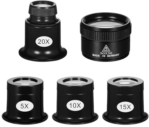 5 Stück Augenlupe, Uhrmacher Lupe, Juwelierlupe, Magnifying Glass, Vergrößerungsglas, Lupenglas, 5x/10x/15x/20x/30x Monokel uhrmacherlupe, für Juwelier Uhr Hobby Münzen Elektriker Nähen (Schwarz)