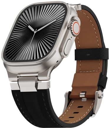 Rugged Leather Band Compatible with Apple Watch Ultra Band 49mm 46mm 45mm 44mm for Men/Women,Vintage Genuine Leather Replacement Strap for iWatch Ultra 3 2 1,SE 3 2 1,series 11 10 9 8 7 6 5 4
