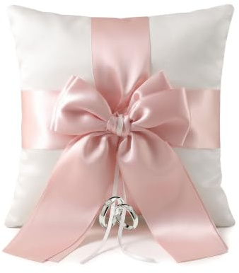 LONGHAO Coussin pour alliances de mariage avec nœud et ruban de satin, 20 x 20 cm | Coussin carré pour bague de mariée en satin, blanc avec nœud pour cérémonie de mariage, accessoires