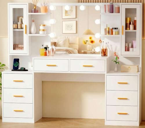 BEWISHOME Toeletta Trucco con Specchio e Luci LED,Luminosità Regolabile | Grande Postazione Trucco con Presa,Moderna Tavolo da Trucco con 8 Cassetti,Ripiani Aperti,per Camera da Letto,Bianco,EFST65W