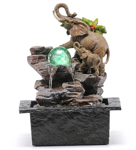 Elephant Water Fountain - Mother & Child Resin Tabletop Fountain with USB Pump, Desktop Chinese Style Decor