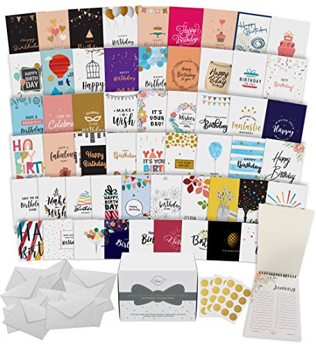 Dessie 60 Unique Birthday Cards Assortment 5x7 with Generic Birthday Greetings Inside. Suitable For Men, Women and Kids. Send As Is Or Personalize. Includes Envelopes and Gold Stickers