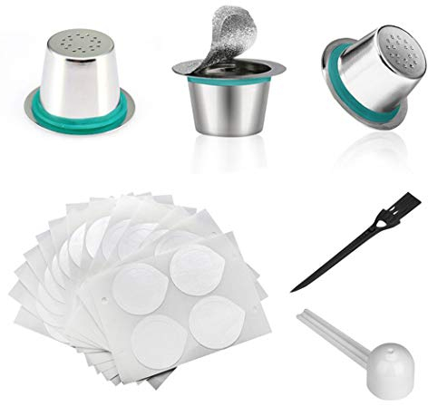3 Stücke Edelstahl Wiederverwendbar Kaffeekapseln mit 60 Stücke Aluminum Film Lids Nachfüllbare Tasse Kaffeefilter Kompatibel mit Nespresso Original-Maschinen Teil der Serie Langlebig