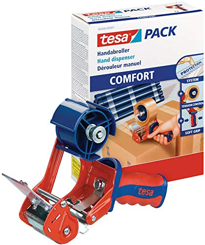 tesa Packband Handabroller, Modell Comfort für Rollen bis 66m x 50mm (Handabroller + 12 Rollen Ultra Strong)