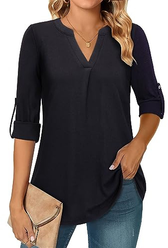 Amrto Damen Bluse Casual Elegant V-Ausschnitt 3/4 Ärmel Longbluse Longshirt Einfarbig Lässig Loose Tunika Oberteil A Linie für Business Arbeit, Schwarz L