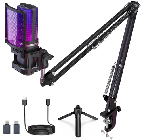 ZealSound Podcast Microphone, USB Mic with Noise Cancellation, Volume & Mute Control, RGB Light, Zero-Latency Monitoring, Gaming Microphones with Boom Arm & Tripod Stand for PC Mac iPhone and Android
