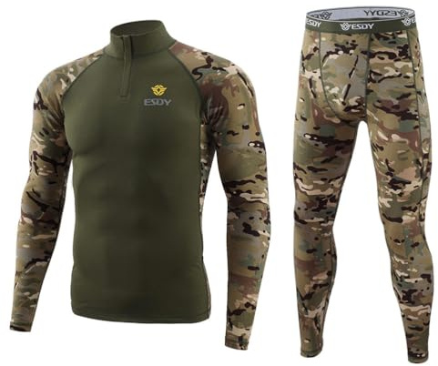 Oanviso Homme Camouflage Ensemble de sous-Vêtement Thermiques Chaud Fonctionnel Yoga Ski Fitness Maillot de Corps à Manches Longues Couche de Base Automne A Armée Verte L