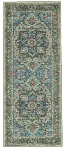 RugVista Georgia Oriental Teppich, 80 x 200 cm, Grün/Multi | Orientalische, Rechteckig, Mittlerer Stapel, Maschinenwäsche, Oeko-Tex 100, Wohnzimmer, Schlafzimmer, Küche, Diele