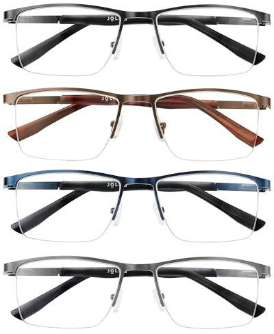 JOLISU 4 Pack Reading Glasses Men, Blue Light Blocking Computer Half Frame Metal Readers Spring Hinge Eyeglasses +2.00