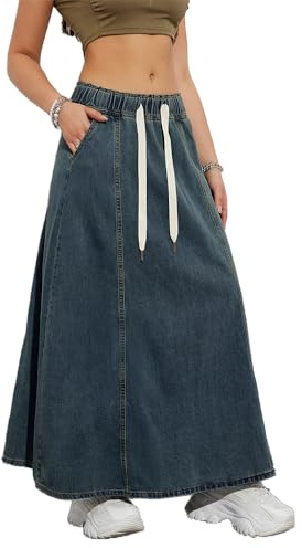 seiveini Jupe Longue Femme Jean Maxi Jupes en Denim Trapèze Vintage Taille Haute Jeans Skirts A Bleu Foncé XXL