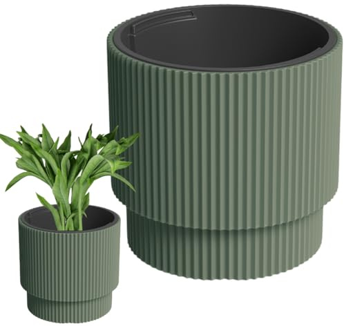 DTU24 Blumentopf mit Einsatz, Blumenkübel aus Kunststoff, Übertopf, Pflanzkübel Gross (Grün,ø 30 cm)