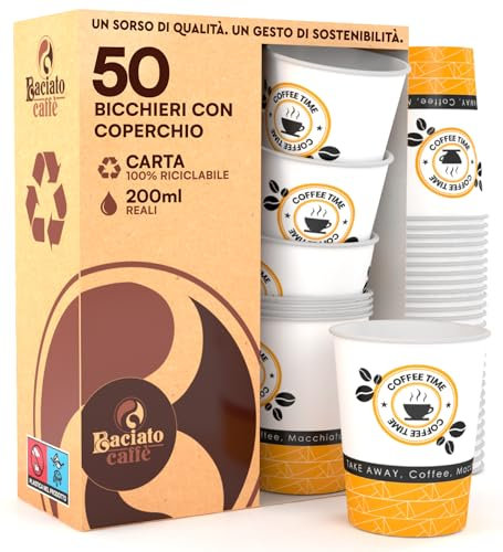 Eurocali 50 Bicchieri in Carta da 200ml con Coperchio, Compostabili e Biodegradabili, KIT da 50 Bicchieri Monouso per Bevande Calde e Fredde + 50 Coperchi in Carta con Beccuccio