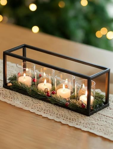 Sziqiqi Adventskranz Teelichter Länglich Metall: Schwarz Adventsgesteck Teelichthalter Weihnachten Kerzenständer für Tischdeko - Adventskranz Modern mit Windlicht Glas für Weihnachtsdeko Advent