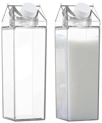 Bouteilles d'eau en carton de lait – Récipient carré transparent rechargeable, support portable | Bouteille d'hydratation réutilisable pour jus de fruits, carafe, gobelet, distributeur de gobelet