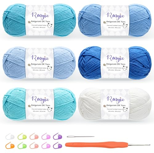 Renyiz Wolle zum Häkeln 6 x 50g Häkelgarn (60% Baumwolle, 40% Acryl) mit 2,5mm Häkelnadel & Zusatzzubehör, Ideal als Babywolle, Strickwolle, Häkelwolle und Baumwollgarn zum Häkeln Blau