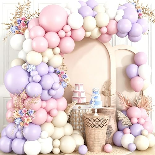 KUKUTrue® Kit de Guirnalda de Globo Rosa y Lila, 108 Piezas Arco para Globos, Globos Rosa, Lila, Blanco Crema y Gris Decoracion Cumpleaños, Bautizo Niña, Despedida de Soltera, Boda