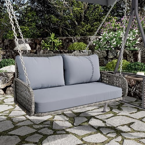 Httcg Hängeschaukel Outdoor Gartenschaukel für 2 Personen, Schaukel Outdoor Hollywoodschaukel mit Kissen und 2 Ketten, PE-Rattan Schaukelbank Hängebank für Garten, Gartenmöbel, Ohne Rahmen, Grau