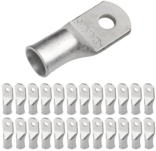 SELTERM 1/0 AWG (50 mm²) - 1/4 (M6) ⌀ Hole UL Marine Grade Wire Lugs, Battery Cable Ends, Tinned Copper Eyelets, Tubular Ring Terminal Connectors [B64] - 25 Pack