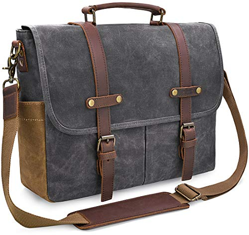NEWHEY Herren Umhängetaschen Aktentasche Laptoptasche Wasserdichte Canvas Groß Arbeitstasche Messenger Bag Männer Vintage 15.6 Grau