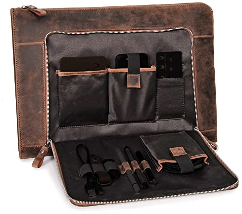 DONBOLSO Funda para Portátil London de Cuero Marrón - Elegante Maletín Vintage para Ordenador Portátil con Compartimentos Versátiles y Protección Acolchada - para Portátiles de hasta 33.8 cm