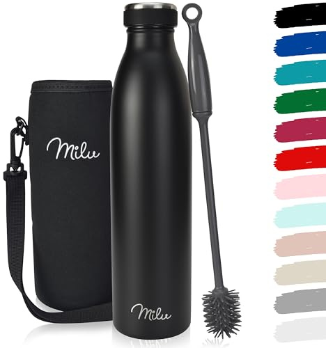 Milu Gourde en acier inoxydable 350 ml 500 ml, 750 ml, 1000 ml, 1,5 l – Bouteille isotherme, bouteille d'eau isolée, double paroi anti-fuite, convient aux acides carboniques (Noir, 750ml)