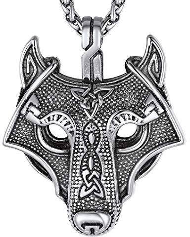 Richsteel Collar Vikingo de Acero Cabeza de Lobo y Nudo de Trinidad para Hombres Mujeres, Collar Ajustable 55cm + 5cm