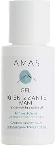 AMAS GEL Igienizzante Mani - 98% Origine Naturale- Idratante, Emolliente, Dermoprotettivo - Con Olio Essenziale di Eucalipto -100% Fatto a Mano in Italia - 50ml
