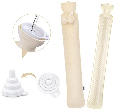 Homewit Lång värmeflaska med mjukt överdrag, stor varmvattenflaska med mjukt överdrag – 2 liter, slang varmvattenflaska 73 x 13 cm för midja och axel, nackvarmvattenflaska – champagne