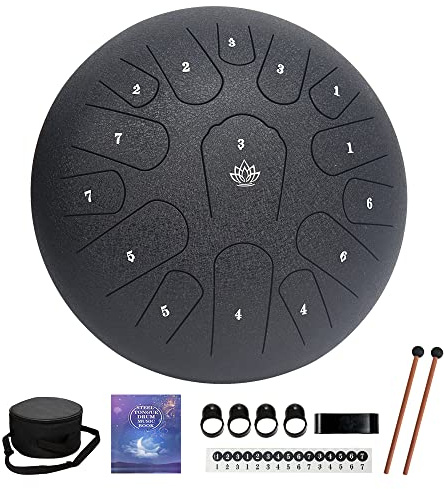 Yasisid Steel Tongue Drum 12 Zoll 15 Noten Musikinstrumente, Handpan Drum Percussion Instrument, mit Softtasche, Notenbuch, 2 Schlägel, für Meditation oder Yoga (Schwarz)