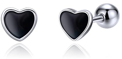 JSGEMSLEE Hypoallergenic 925 Sterling Silver Heart Earrings With Screw Back Tiny Black Heart Stud Earrings for Women Tragus Cartilage Jewelry