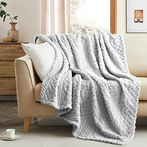 Coastline Sherpa Throw Blanket,Cable Pattern Decorative Soft Cozy Blanket for Couch Sofa,Light Weight Fleece Warm Throw Blanket for Bed,Grey,127 x 152 cm