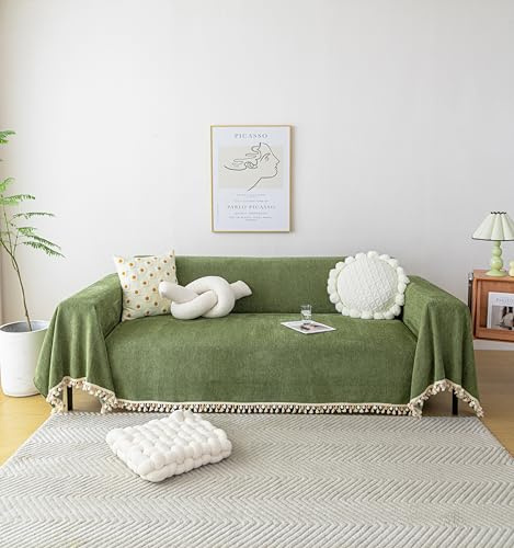 HANDONTIME Green Sofa Cover Vintage Couch Cover for Dogs 71 X118 Couch Cushion Covers with Tassel Herringbone Sofa Cover Boho Sofa Covers for 3 Cushion Couch Chenille Soft Loveseat Sofa Covers