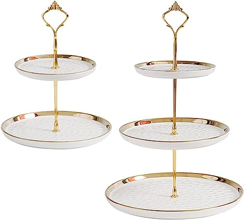 2 Set of Round Porcelain Tiered Cupcake Stand, Dessert Plates Stand Tiered Serving Trays with Gold Rod,3 Tiers and 2 Tiers Cake Stand Party Serving Trays Fruit Pastry Holders(White)