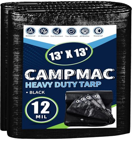 CAMPMAC Black Tarps Heavy Duty Waterproof 13x13, 12 Mil Thick, High Durability, Rip and Tear Resistant with Metal Grommets Every 20 Inches