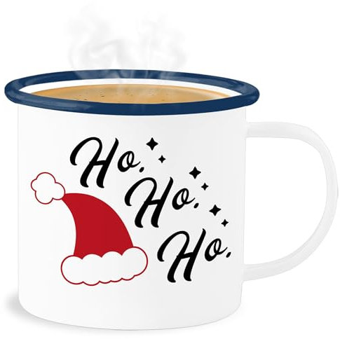 Emaille Becher Blechbecher - Weihnachtstasse Tasse Weihnachten - Ho Ho Ho - Santa Mütze - 300 ml - Weiß Blau - weihnachtstassen christmas weihnachtsmann mug weihnachtsmotiv weihnachts