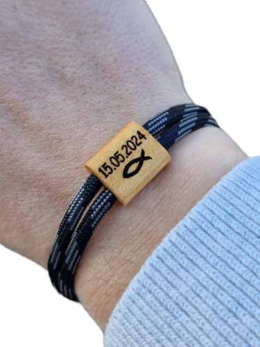 Gravur Holz Armband, Kommunion, Konfirmation, Firmung, Surfer Armband, personalisiertes Armband, Holz, Fisch mit Datum, Armband graviert