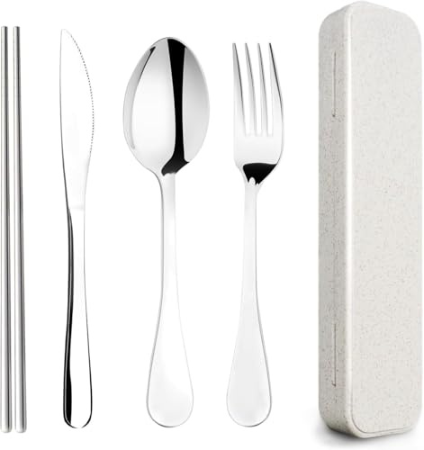 YIGAARUI Cutlery Set with Case,Reusable Stainless Steel Travel Lunch Utensils with Fork Spoon Knife Chopsticks for Picnic School Office Flatware Set Mirror Polished Dishwasher Safe (4PCS)